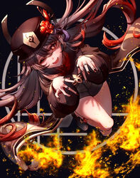  ;d black_background black_hat black_nails black_shorts brown_hair claw_pose female fingernails fire flower genshin_impact hat hu_tao_(genshin_impact) jewelry kokollet long_hair looking_at_viewer nail_polish one_eye_closed open_mouth plum_blossoms red_eyes ring shorts simple_background smile solo symbol-shaped_pupils tailcoat twintails very_long_hair 