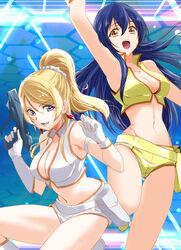  2girls armpits ayase_eli blonde_hair blue_eyes blue_hair breasts cleavage company_connection cosplay crop_top crossover dirty_pair gun highres holding holding_gun holding_weapon kei_(dirty_pair) kei_(dirty_pair)_(cosplay) long_hair looking_at_viewer love_live! love_live!_school_idol_project medium_breasts midriff multiple_girls navel open_mouth sonoda_umi sunrise_(company) tied_hair urutsu_sahari weapon yellow_eyes yuri_(dirty_pair) yuri_(dirty_pair)_(cosplay) 