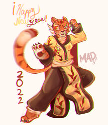  4_fingers anthro asian_clothing biped chinese_clothing chinese_dress claws clothing dreamworks dress east_asian_clothing english_text felid female fingers fur hi_res kung_fu_panda madzilla mammal markings master_tigress new_year_2022 orange_body orange_fur pantherine paws simple_background solo striped_body striped_fur striped_markings striped_tail stripes tail tail_markings text tiger white_background white_body white_fur yellow_eyes 