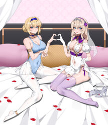  2girls absurdres alternate_costume azur_lane bikini blonde_hair blue_choker blue_eyes blue_ribbon breasts choker clothes_lift commentary_request feet gloves hair_bun hairband high-waist_skirt highres jeanne_d&#039;arc_(azur_lane) jeanne_d&#039;arc_(saintess_of_the_sea)_(azur_lane) knees_together_feet_apart layered_bikini leander_(azur_lane) legs looking_at_viewer maltese_cross multi-strapped_bikini multiple_girls no_bra no_shoes official_alternate_costume open_mouth panties pantyhose pleated_skirt purple_hairband purple_ribbon purple_thighhighs ribbon single_hair_bun skirt skirt_lift swimsuit thighhighs toes underwear white_gloves white_pantyhose wsfw 