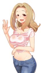  blonde_hair blush breasts check_commentary cleavage collarbone commentary commentary_request covered_nipples crop_top cropped_shirt denim female highres idolmaster idolmaster_cinderella_girls jeans kurushima_gire large_breasts looking_at_viewer manabe_itsuki midriff navel open_fly open_mouth panties pants panty_peek pink_eyes short_sleeves simple_background smile solo sweat sweaty_clothes transparent_background underwear waving white_panties 