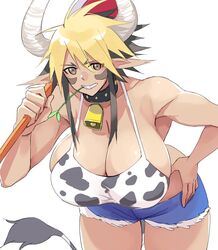  animal_ears animal_print bell blonde_hair blue_shorts breasts brown_eyes brown_hair cathyl cleavage collar commentary_request commission cow_ears cow_girl cow_print cow_tail cowbell cowboy_shot facial_mark female grin hand_on_own_hip holding huge_breasts leaning_forward mila_(yuta27315) monster_girl monster_musume_no_iru_nichijou mouth_hold multicolored_hair muscular muscular_female neck_bell short_shorts shorts simple_background skeb_commission smile solo stalk_in_mouth standing straw_(stalk) tail two-tone_hair white_background wide_hips 