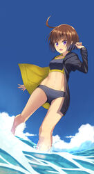  ahoge arm_up bikini black_bikini black_jacket breasts brown_hair cloud commentary_request day female from_below highres jacket koyama_keisuke linne_(under_night_in-birth) long_sleeves looking_at_viewer midriff navel open_clothes open_jacket open_mouth purple_eyes short_hair small_breasts solo swimsuit twitter_username under_night_in-birth wading water 