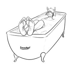  5_toes bath bathtub bunnyfeet claw_foot_bathtub closed_eyes feet foot_focus humanoid_feet male monochrome plantigrade relaxing signature simple_background smile soles toes wet white_background 