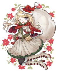  :d ahoge akamatsu_kaede alternate_costume amami_rantaro blonde_hair blush boots brown_footwear capelet commentary_request danganronpa_(series) danganronpa_v3:_killing_harmony fc_(efushii) female gloves grey_background hair_ornament hat high_heel_boots high_heels holding knee_boots long_hair musical_note musical_note_hair_ornament one_eye_closed open_mouth over_shoulder pantyhose red_capelet red_gloves red_hat sack santa_hat smile solo teeth upper_teeth_only 