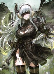  2b_(nier:automata) 2b_(nier:automata)_(cosplay) arm_at_side au_ra bad_id bad_pixiv_id black_blindfold black_footwear black_thighhighs blindfold blunt_bangs boots breasts center_opening closed_mouth commentary_request cosplay covered_eyes covered_navel day dragon_girl dragon_horns dress facing_viewer female final_fantasy final_fantasy_xiv floating_hair frischenq gloves grey_hair hairband hand_up highleg holding holding_sheath holding_sword holding_weapon horns lips long_hair medium_breasts nier:automata nier_(series) outdoors puffy_sleeves scales sheath sheathed short_dress silver_gloves solo standing sword thigh_boots thighhighs thighhighs_under_boots turtleneck turtleneck_dress very_long_hair warrior_of_light_(ff14) weapon white_horns white_scales 