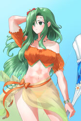  absurdres annand_(fire_emblem) arm_behind_head arm_up bare_shoulders bead_necklace beads bikini blue_background bow_(weapon) breasts commentary_request cosplay cowboy_shot elincia_ridell_crimea elincia_ridell_crimea_(cosplay) elincia_ridell_crimea_(summer) female fire_emblem fire_emblem:_genealogy_of_the_holy_war fire_emblem:_radiant_dawn fire_emblem_heroes flower green_eyes green_hair hair_flower hair_ornament highres holding holding_bow_(weapon) holding_weapon jewelry long_hair medium_breasts navel necklace off-shoulder_bikini off_shoulder orange_bikini red_flower sarong see-through short_sleeves simple_background solo standing stomach swimsuit ta_dasu_(tadasu_hayashi) thighs very_long_hair weapon 