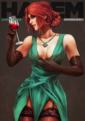  absurdres alcohol black_gloves breasts cleavage_reach commentary contemporary cover cup dress drinking_glass elbow_gloves english_commentary english_text eyeshadow fake_magazine_cover female freckles garter_straps gloves green_dress green_eyes hair_bun highres jewelry lace lace-trimmed_legwear lace_trim lipstick magazine_cover makeup medium_breasts mole mole_under_eye monori_rogue no_bra parted_lips pelvic_curtain pendant photoshop_(medium) plunging_neckline red_hair see-through see-through_legwear short_hair single_hair_bun solo the_witcher_(series) the_witcher_3 thick_eyebrows thighhighs triss_merigold updo wine wine_glass 