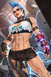  black_bra black_nails blue_hair blurry blurry_background bra braid brown_gloves brown_shorts collar cowboy_shot crop_top earrings electricity facial_mark female fingerless_gloves fishnet_pantyhose fishnets gauntlets gloves highres holding holding_weapon jewelry junker_queen_(overwatch) lip_piercing mohawk muscular muscular_female navel neoartcore overwatch overwatch_2 pantyhose patreon_username piercing red_eyes shirt short_shorts shorts single_gauntlet single_leg_pantyhose studded_armlet studded_collar toned torn_clothes torn_pantyhose torn_shirt underwear variant_set weapon white_shirt 