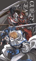  2boys belt blonde_hair blue_eyes brown_eyes brown_hair copyright_name dong_hole english_text fingerless_gloves gloves guilty_gear guilty_gear_xx headband highres holding holding_weapon huge_weapon ky_kiske long_hair male_focus multiple_belts multiple_boys order-sol ponytail short_hair sol_badguy sword thunderseal weapon 