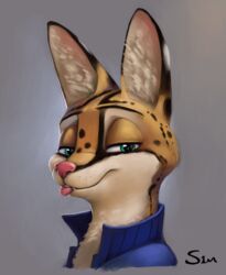  2019 anthro black_spots blep bust_portrait clothed clothing facial_markings felid feline fur green_eyes grey_background head_markings hi_res inner_ear_fluff looking_at_viewer luke_(s1m) mammal markings open_clothing open_shirt open_topwear pink_nose portrait s1m serval shirt simple_background smile solo spots spotted_body spotted_fur tongue tongue_out topwear tuft white_body white_fur yellow_body yellow_fur 