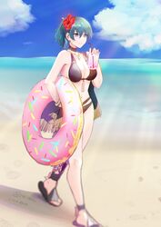  bad_id bad_pixiv_id beach bikini black_bikini blue_eyes blue_hair blue_sky breasts byleth_(female)_(fire_emblem) byleth_(female)_(summer)_(fire_emblem) byleth_(fire_emblem) cleavage closed_mouth cloud dated day drinking_straw female fire_emblem fire_emblem:_three_houses fire_emblem_heroes flower hair_flower hair_ornament highres holding innertube official_alternate_costume outdoors sky solo swim_ring swimsuit twitter_username water yukiyanagi_raki 