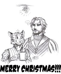  0laffson 2019 anthro beverage bracelet cheetah christmas clothed clothing container cup duo ellipsis emanata english_text enorach_(0laffson) felid feline graphite_(artwork) holding_container holding_cup holding_mug holding_object holidays human jewelry lars_(0laffson) looking_forward looking_up looking_up_at_partner male mammal markings mistletoe mug pencil_(artwork) plant shirt signature simple_background speech_bubble spots spotted_body text topwear traditional_media_(artwork) vest white_background 