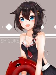  :d ahoge bare_shoulders black_hair blue_eyes blush braid breasts character_name cleavage enemy_lifebuoy_(kantai_collection) female hair_between_eyes hair_over_shoulder kantai_collection long_hair looking_at_viewer nerua open_mouth remodel_(kantai_collection) sailor_swimsuit shigure_(kantai_collection) single_braid smile 