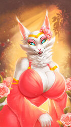  2022 anthro big_breasts blue_eyes breasts clothed clothing colored crown detailed digital_drawing_(artwork) digital_media_(artwork) digital_painting_(artwork) dolce_vita domestic_cat dress eyeshadow fantasy felid feline felis female flower fur gold_(metal) gold_jewelry headgear hi_res huge_breasts inner_ear_fluff jewelry lips lipstick long_ears looking_at_viewer makeup mammal pink_eyeshadow plant portrait rizonik rose_(flower) shaded smile soft_shading solo sparkles tiara tuft 