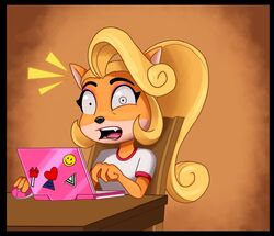  2020 activision anthro blonde_hair chair clothing coco_bandicoot computer confusion crash_(series) electronics female furniture hair laptop long_hair magaska19 mammal marsupial open_mouth simple_background solo table teeth y2k_(fashion) 