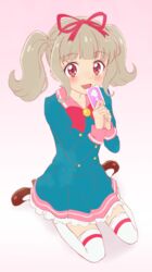  :d aikatsu!_(series) aikatsu_on_parade! black_footwear blue_dress blush bow brown_hair card commentary_request dress female frilled_dress frills full_body gradient_background hair_ribbon hands_up highres holding holding_card kiseki_raki long_sleeves looking_at_viewer open_mouth pink_background pink_sailor_collar red_bow red_eyes red_ribbon ribbon sailor_collar sailor_dress school_uniform shoes sidelocks sincos sitting smile solo star_harmony_academy_school_uniform thighhighs twintails wariza white_thighhighs 