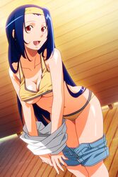  asahina_natsuki blue_hair clothes_pull feet_out_of_frame female hairband indoors long_hair mole mole_under_mouth non-web_source official_art orange_sports_bra panties red_eyes shiny_skin short_shorts shorts shorts_pull solo sports_bra standing super_real_mahjong tanaka_ryou underwear yellow_panties 