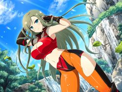  armor armpits black_gloves blue_eyes blush bodysuit boulder breasts cleavage cliff elbow_gloves falling_leaves female fingerless_gloves fishnet_top fishnets forest fuga_(senran_kagura) gloves green_hair japanese_armor kote large_breasts leaf lens_flare light_rays linea_alba long_hair looking_at_viewer midriff mole mole_under_eye nature navel official_alternate_costume official_art outdoors senran_kagura senran_kagura_new_link senran_kagura_new_wave smile solo standing sunbeam sunlight swept_bangs third-party_source torn_bodysuit torn_clothes torn_gloves tree water water_drop waterfall yaegashi_nan zipper 