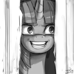  1:1 2019 digital_media_(artwork) equid equine female feral friendship_is_magic greyscale grin hair hasbro here&#039;s_johnny_(meme) horn insane john_joseco looking_at_viewer mammal meme monochrome my_little_pony mythological_creature mythological_equine mythology nightmare_fuel reaction_image shaded smile solo stephen_king_(copyright) the_shining twilight_sparkle_(mlp) unicorn 