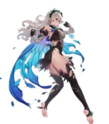  ass bare_shoulders breasts cape corrin_(female)_(fire_emblem) corrin_(female)_(resplendent)_(fire_emblem) corrin_(fire_emblem) dress ekao elbow_gloves feet female fire_emblem fire_emblem_fates fire_emblem_heroes floating floating_object from_side full_body gloves gradient_clothes hair_ornament hairband hands_up highres long_hair looking_away medium_breasts non-web_source official_art parted_lips pointy_ears red_eyes see-through short_dress sleeveless sleeveless_dress solo stone thighhighs thighs thorns toeless_legwear toes torn_cape torn_clothes torn_dress transparent_background white_hair wing_cape 