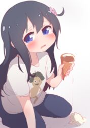  black_hair black_pants blue_eyes blush casual character_print commentary crying crying_with_eyes_open dripping female flower food hair_between_eyes hair_flower hair_ornament hatafuta higero_(wataten) holding holding_food ice_cream ice_cream_cone ice_cream_cone_spill kneeling long_hair looking_at_viewer pants parted_lips pink_flower print_shirt sad shirosaki_hana shirt short_sleeves simple_background solo spill tears very_long_hair watashi_ni_tenshi_ga_maiorita! white_background white_shirt 