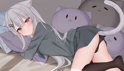  animal_ear_fluff animal_ears black_panties cat-shaped_pillow cat_ears cat_girl cat_tail expressionless female grey_hair kamu_(geeenius) long_hair long_sleeves looking_at_viewer lying miniskirt on_stomach original panties red_eyes skirt solo sweater tail underwear yami-chan_(kamu_(geeenius)) 