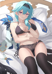  amco bed bed_sheet black_bra black_panties black_thighhighs blue_hair bra breasts commentary eula_(genshin_impact) female genshin_impact hairband half-closed_eyes hand_on_own_chest highres looking_at_viewer lying nail_polish necktie on_back on_bed panties pillow purple_eyes purple_nails side-tie_panties solo symbol-only_commentary thighhighs underwear unworn_necktie 