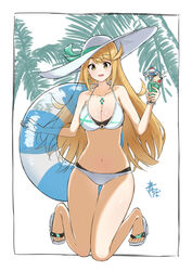  :d absurdres alternate_costume aotsuba bare_legs bare_shoulders bikini blonde_hair breasts chest_jewel cleavage commentary_request earrings female food full_body hat highres holding holding_food holding_ice_cream holding_swim_ring ice_cream innertube jewelry kneeling knees_together_feet_apart long_hair looking_at_viewer medium_breasts mythra_(xenoblade) navel palm_tree sandals smile solo sun_hat swept_bangs swim_ring swimsuit tiara tree very_long_hair white_bikini xenoblade_chronicles_(series) xenoblade_chronicles_2 yellow_eyes 