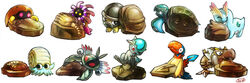  &gt;_&lt; amaura anorith archen armor_fossil black_eyes claw_fossil closed_eyes closed_mouth commentary cover_fossil cranidos dome_fossil english_commentary fangs fossil glowing glowing_eyes helix_fossil jaw_fossil kabuto_(pokemon) kaosu_(kaosu0905) lileep looking_back looking_down looking_to_the_side no_humans omanyte open_mouth pink_eyes plume_fossil pokemon pokemon_(creature) red_eyes root_fossil sail_fossil shieldon signature sitting skull_fossil smile tirtouga tongue tyrunt watermark white_background 