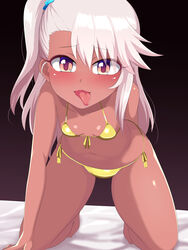  bare_shoulders bikini blush breasts chloe_von_einzbern collarbone dark-skinned_female dark_skin fate/kaleid_liner_prisma_illya fate_(series) female hair_between_eyes highres kneeling kurorettsu leaning_forward long_hair looking_at_viewer micro_bikini one_side_up open_mouth orange_eyes pink_hair sidelocks small_breasts smile solo swimsuit thighs tongue tongue_out yellow_bikini 