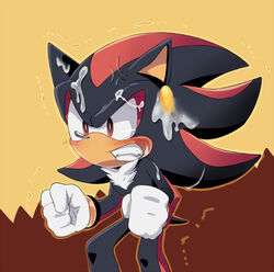  2013 angry anthro biped black_body black_fur blush clenched_teeth clothing digital_media_(artwork) egg eulipotyphlan fist food_on_face fur gloves handwear hedgehog male mammal red_body red_eyes red_fur root8beat sega shadow_the_hedgehog shaking simple_background solo sonic_the_hedgehog_(series) standing teeth yellow_background 