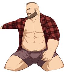  1boy abs alternate_costume bara bare_pectorals beard brown_shorts bulge casual cropped_legs facial_hair highres large_pectorals looking_to_the_side male_focus mature_male mohawk moustache muscular muscular_male navel navel_hair nipples open_clothes open_shirt pectorals red_shirt ryker shirt short_hair short_shorts shorts smile solo stomach street_fighter street_fighter_zero_(series) thick_thighs thighs zangief 