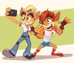  2021 4_fingers activision anthro bandicoot bottomwear breasts brother_(lore) brother_and_sister_(lore) cellphone clothed clothing coco_bandicoot crash_(series) crash_bandicoot devil_horns_(gesture) duo electronics eyebrows female fingerless_gloves fingers footwear ftm_crossgender gesture gloves hair hand_gesture handwear hi_res holding_cellphone holding_object holding_phone magaska19 male mammal marsupial mtf_crossgender open_mouth open_smile phone pose rule_63 selfie shirt shorts sibling_(lore) signature simple_background sister_(lore) smile standing t-shirt thick_eyebrows tongue tongue_out topwear 