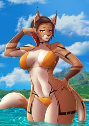  5_fingers absurd_res anthro ashley_(mutagen) ass beach big_breasts big_butt bikini breasts caracal caracal_(genus) clothed clothing digital_media_(artwork) felid feline female fingers fur hair hi_res looking_at_viewer mammal open_mouth seaside sky skyscape smile solo swimwear thick_thighs zanzagen 