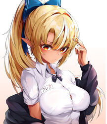  absurdres alternate_costume black_jacket blonde_hair blue_bow blush bow bowtie breasts closed_mouth collared_shirt dark-skinned_female dark_elf dark_skin elf female gr_greeze gradient_background hair_intakes hair_ornament hairbow hand_up highres hololive jacket large_breasts long_hair long_sleeves looking_at_viewer multicolored_hair orange_eyes pointy_ears ponytail shiranui_flare shirt simple_background solo streaked_hair upper_body virtual_youtuber white_shirt 