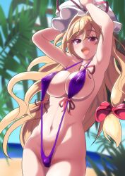  :d arms_on_head bikini blue_sky bow cloud cloudy_sky commentary_request covered_nipples cowboy_shot female groin happy hat highres long_hair mob_cap navel nioti ocean outdoors palm_tree purple_bikini red_bow red_eyes red_ribbon ribbon sand sky slingshot_swimsuit smile solo swimsuit touhou tree very_long_hair wavy_hair white_hat yakumo_yukari 