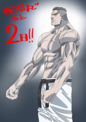  abs belt black_belt bunshichi_tanba countdown_illustration facial_hair garouden garouden:_the_way_of_the_lone_wolf highres itagaki_atsushi muscular muscular_male navel no_nipples official_art pants pectorals simple_background topless_male veins veiny_arms white_pants 