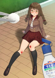  arm_support asuka_gin black_socks bleeding blood bow braid brick_floor brown_eyes brown_footwear brown_hair brown_shirt buttons commentary_request commission cotton_ball day female glasses grass hairbow highres injury kneehighs light_blush loafers long_hair long_sleeves looking_at_viewer low_twin_braids necktie on_floor original outdoors parted_lips pleated_skirt red-framed_eyewear red_bow red_sailor_collar red_skirt sailor_collar scraped_knee shadow shirt shoes sitting skeb_commission skirt socks solo tearing_up tweezers twin_braids wavy_mouth white_necktie 