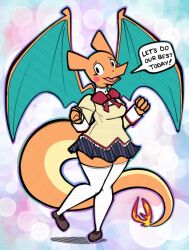  2018 aimbot-jones anthro asian_clothing blue_wings blush bottomwear bow_tie charizard clothed clothing dialogue dragon east_asian_clothing english_text female fist footwear fully_clothed generation_1_pokemon hi_res japanese_clothing long_socks looking_at_viewer miniskirt mythological_creature mythological_scalie mythology nintendo on_one_leg orange_body orange_skin pokemon pokemon_(species) scalie shirt shoes simple_background skirt solo speech_bubble standing tail text topwear valentina_(aimbot-jones) wings 