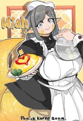  absurdres apron breasts commission female grey_hair highres koura_higure lamia large_breasts long_hair looking_at_viewer monster_girl original pointy_ears second-party_source skeb_commission solo tsuchinoko 