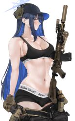  ammunition_pouch assault_rifle bare_shoulders baseball_cap belt black_hair black_hat black_shorts black_sports_bra blue_archive blue_hair blue_halo blush breasts camouflage_gloves cleavage closed_mouth clothes_writing collarbone colored_inner_hair commentary_request ear_protection eotech female fte_(fifteen_199) glock gloves gun halo handgun hat highres holding holding_weapon holster large_breasts long_hair looking_at_viewer magazine_(weapon) multicolored_hair navel pouch rifle saori_(blue_archive) shorts sideways_glance sig_mcx sig_sauer simple_background solo sports_bra stomach suppressor upper_body weapon weapon_case white_background 