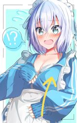  @_@ apron aqua_eyes arrow_(symbol) bang_dream! blue_jacket blush bra breasts cleavage female hair_between_eyes highres jacket kurata_mashiro long_sleeves maid_headdress medium_hair minegishiy48078 nose_blush puffy_long_sleeves puffy_sleeves sleeves_past_wrists small_breasts solo sportswear tearing_up underwear waist_apron 