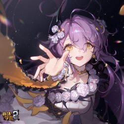  absurdres benghuai_xueyuan breasts copyright_name dress earrings female flower hair_between_eyes hair_flower hair_ornament highres honkai_(series) jewelry logo long_hair official_art open_mouth purple_hair second-party_source sirin smile solo white_dress white_flower yellow_eyes 