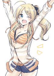  ;d ahoge arms_up baran._(ba_ra_ran) bikini blonde_hair blue_eyes blue_shorts blush breasts cleavage collarbone commentary contrapposto cowboy_shot female hachimiya_meguru highres idolmaster idolmaster_shiny_colors jacket looking_at_viewer medium_breasts navel notice_lines one_eye_closed open_mouth orange_bikini partially_unzipped ponytail see-through see-through_jacket short_shorts shorts sidelocks simple_background smile solo split_mouth stomach swimsuit white_background 