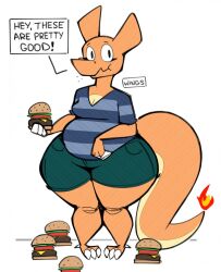  2018 3_toes aimbot-jones anthro barefoot belly bottomwear breasts burger charizard cleavage clothed clothing dialogue dragon eating english_text feet female food generation_1_pokemon hi_res holding_burger holding_food holding_object mythological_creature mythological_scalie mythology nintendo overweight overweight_anthro overweight_female pants pattern_clothing pokemon pokemon_(species) scalie shirt shorts simple_background solo speech_bubble standing striped_clothing stripes tail text thick_tail toes topwear valentina_(aimbot-jones) white_background wide_hips 