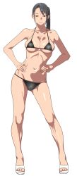  absurdres anigoka bikini black_bikini black_hair breasts brown_eyes cleavage dungeon_meshi female full_body hands_on_own_hips hien highres long_hair medium_breasts mole mole_under_eye navel sandals side_ponytail simple_background smile solo swimsuit white_background 