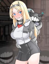  abyssal_ship arms_behind_back ascot blonde_hair blue_eyes breasts enemy_naval_mine_(kancolle) female flower furaggu_(frag_0416) headgear highres kantai_collection large_breasts long_hair long_sleeves military_uniform miniskirt neck_flower nelson_(kancolle) pencil_skirt red_ascot red_flower red_rose restrained rose skirt tentacle uniform very_long_hair 