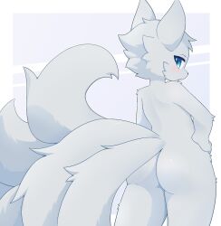  2024 6_tails anthro ass big_butt big_eyes blue_eyes blush canid canine cheek_tuft digital_media_(artwork) eyebrows facial_tuft fingers fox fur geometric_background hand_on_hip kemono looking_at_viewer looking_back looking_back_at_viewer male mammal mouth_closed multi_tail nude outline pupils rear_view shaded shirom simple_background snout soft_shading solo standing tail thick_thighs three-quarter_view tuft white_body white_fur white_outline wide_hips 