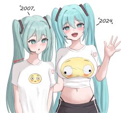  2girls aqua_eyes aqua_hair black_shorts breasts dolphin_shorts flushed_face_emoji flushed_face_emoji_shirt_(meme) gnort hatsune_miku headset highleg highleg_panties highres large_breasts long_hair meme multiple_girls navel open_mouth panties print_shirt shirt shorts size_comparison time_paradox twintails underwear vocaloid white_background white_shirt 